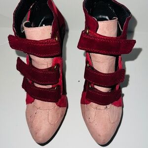 Bold Red & Pink Suede Platform Wedge Heels – Size 6.5